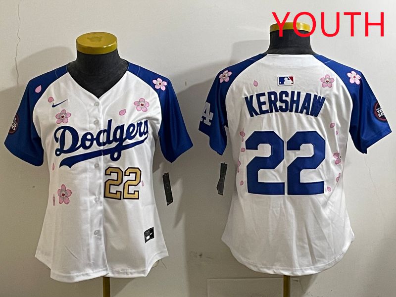 Youth Los Angeles Dodgers 22 Kershaw White Blue Sakura Edition 2025 Nike MLB Jersey style 3